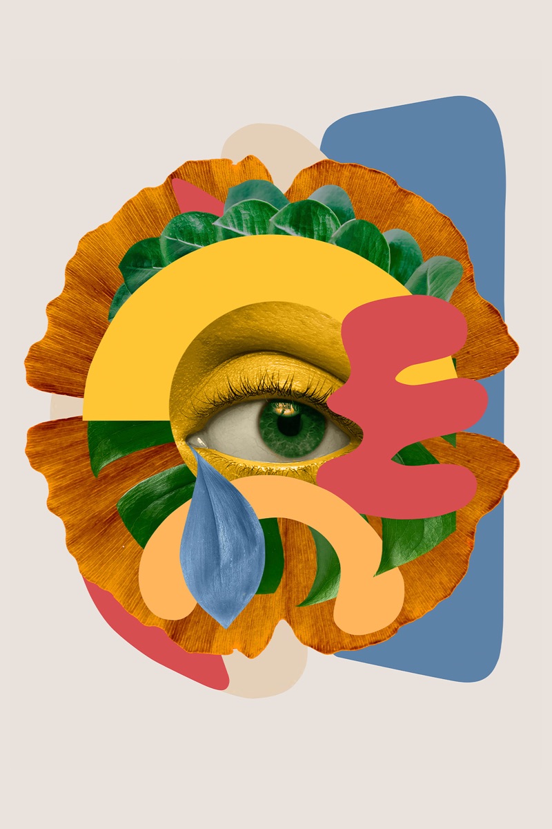 Colourful collage artwork with an eye