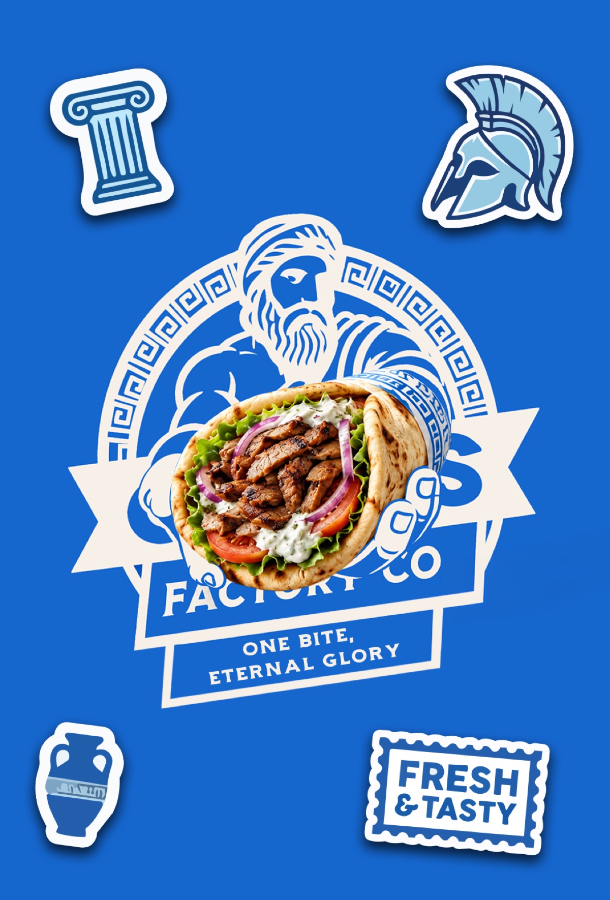 Gyros Factory Co. key visual — logo, gyros and Greek stickers