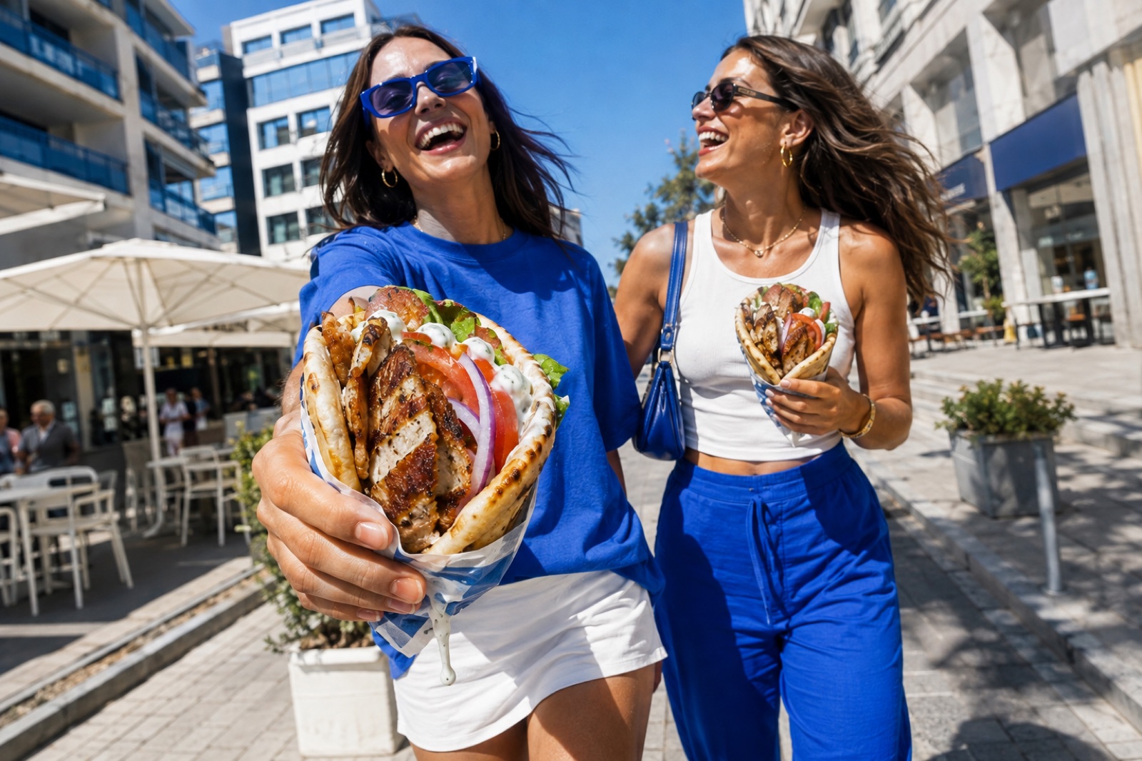 Gyros Factory Co. — branded tee and a loaded gyros in a Greek street