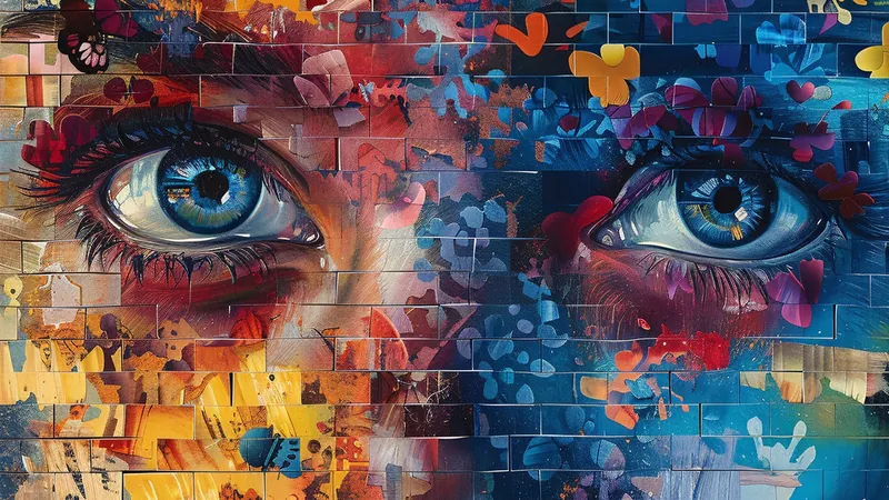 Colourful street-art mural of two eyes on a brick wall